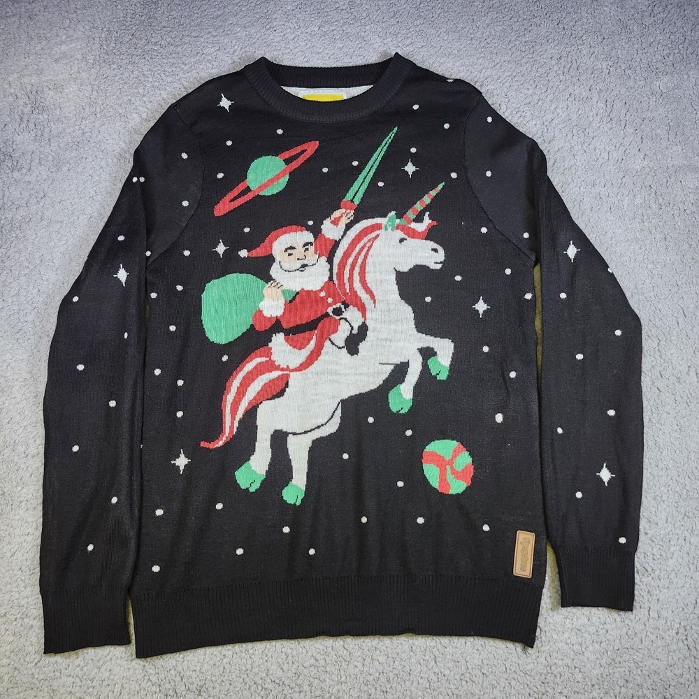 Tipsy Elves Sweater Mens Large Black Acrylic Crewneck Santa Unicorn
